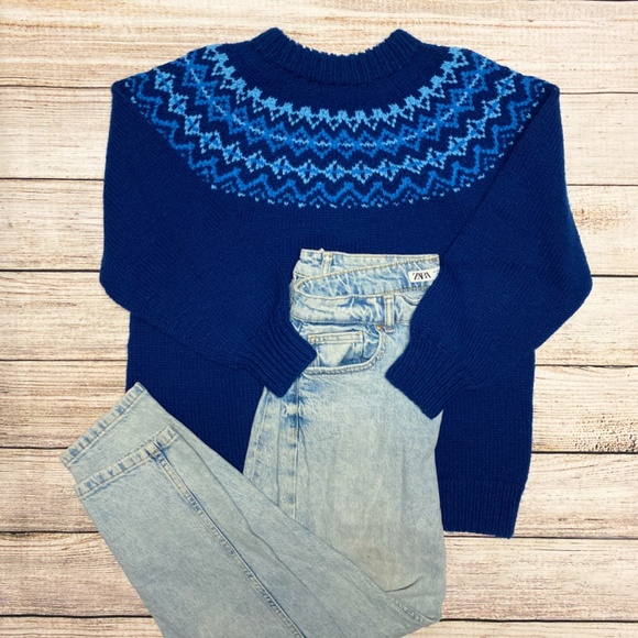Vintage 80s Handmade Fair Isle Knit Pullover | Women’s Medium | Blue Tones - Picture 2 of 8